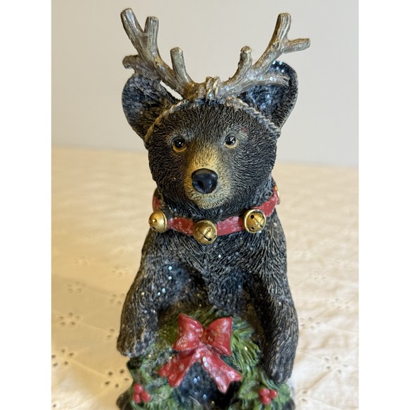 Black Bear Reindeer Christmas Figurine – Holding Wreath 8 Inch - Picture 5 of 6